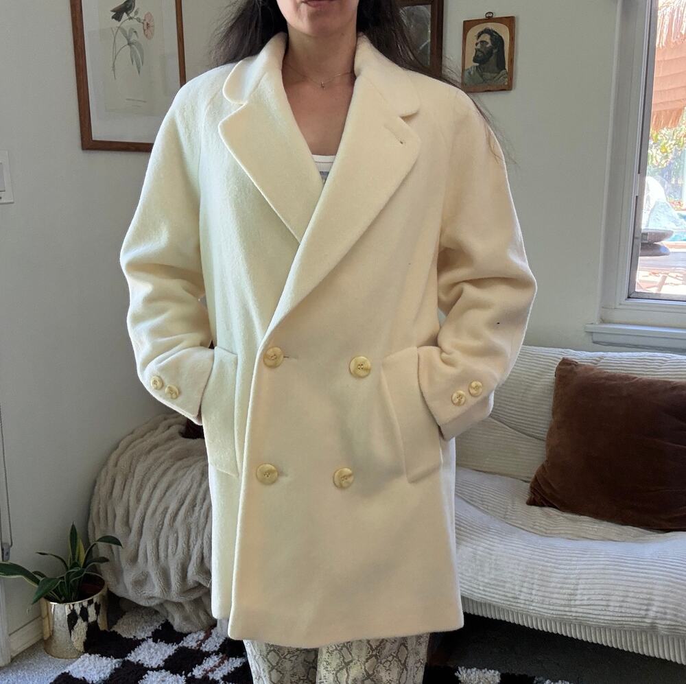 Vintage Wool Winter White Long Double Breasted Trench Coat Size S
